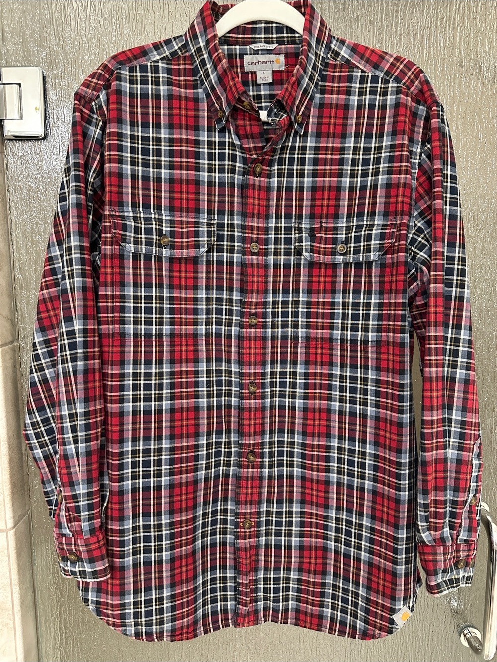Carhartt Men's Red and Black Plaid Button-Down Shirt